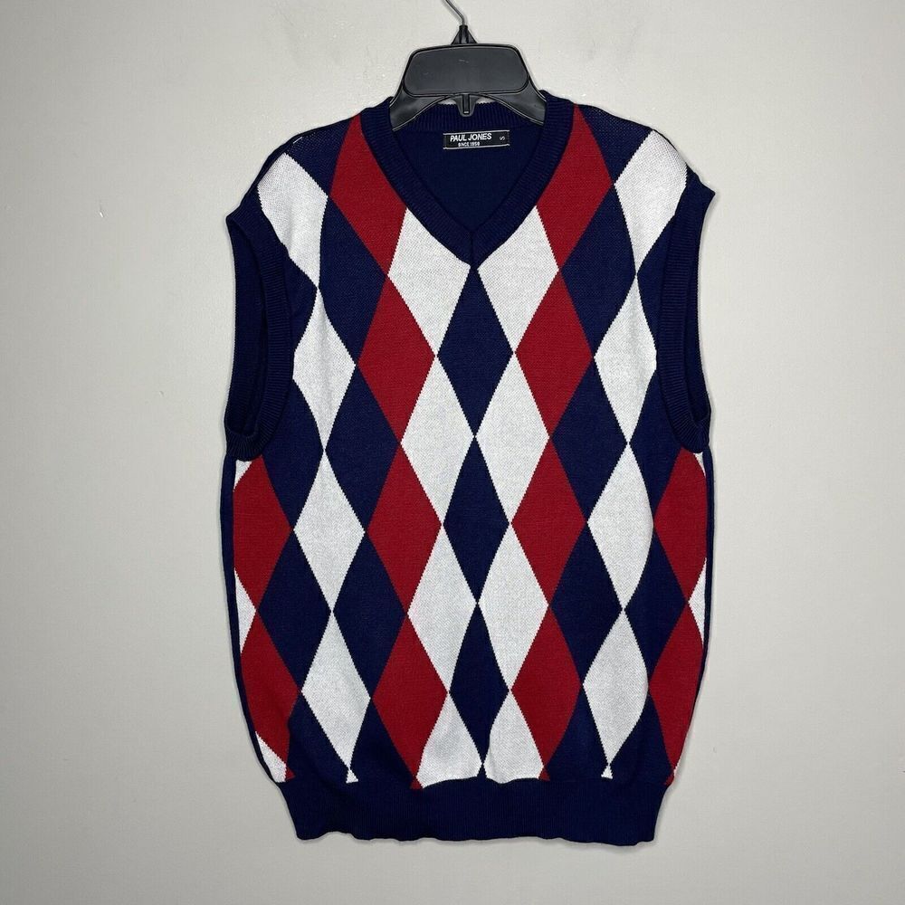 PAUL JONES Vest Mens Small S V-Neck Knit Sweater Navy Red White Argyle Golf